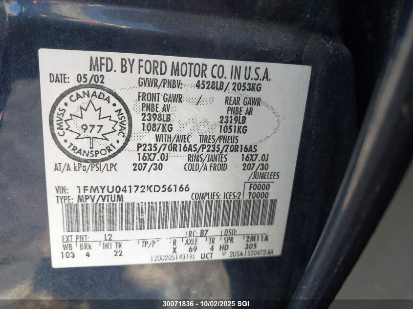 2002 Ford Escape Xlt VIN: 1FMYU04172KD56166 Lot: 30071836