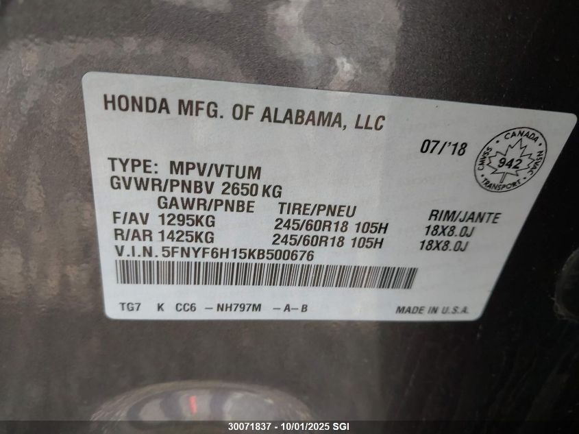 2019 Honda Pilot Lx VIN: 5FNYF6H15KB500676 Lot: 30071837