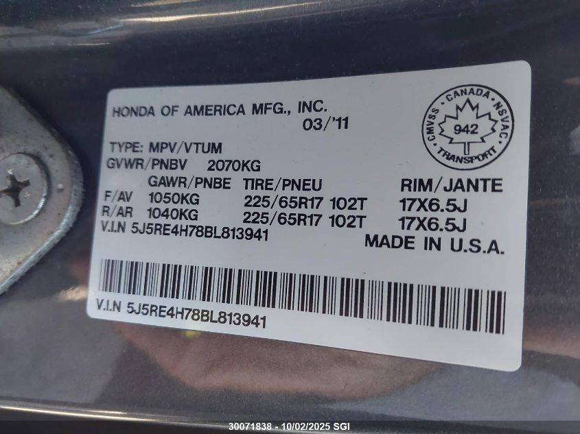 2011 Honda Cr-V Exl VIN: 5J6RE4H78BL813941 Lot: 30071838