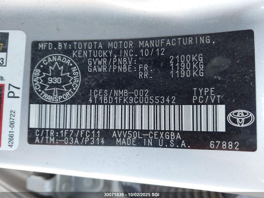 2012 Toyota Camry Hybrid/Le/Xle VIN: 4T1BD1FK9CU055342 Lot: 30071839