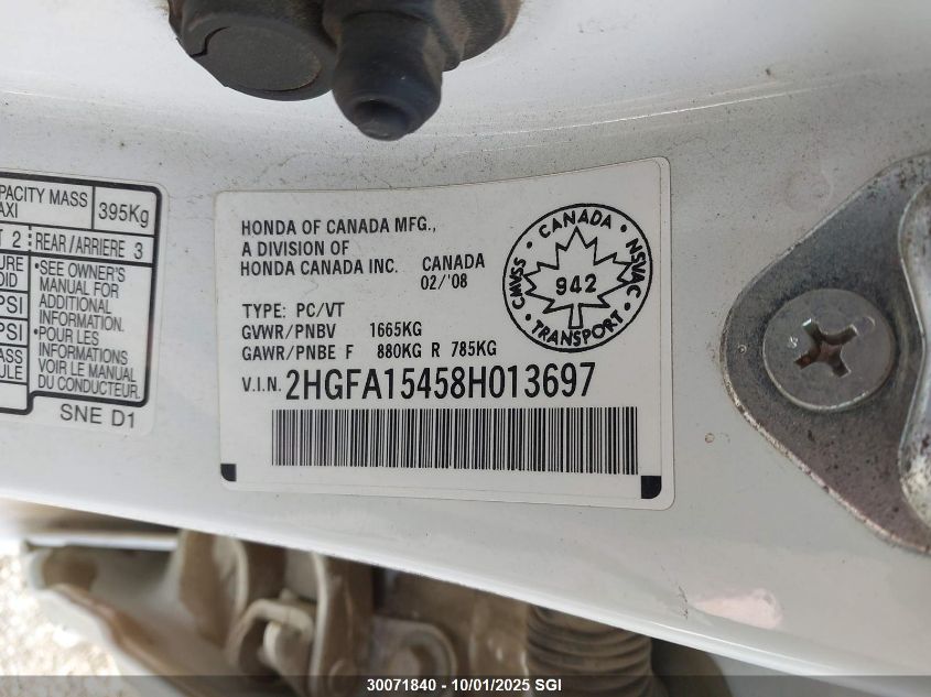 2008 Honda Civic Dx-G VIN: 2HGFA15458H013697 Lot: 30071840