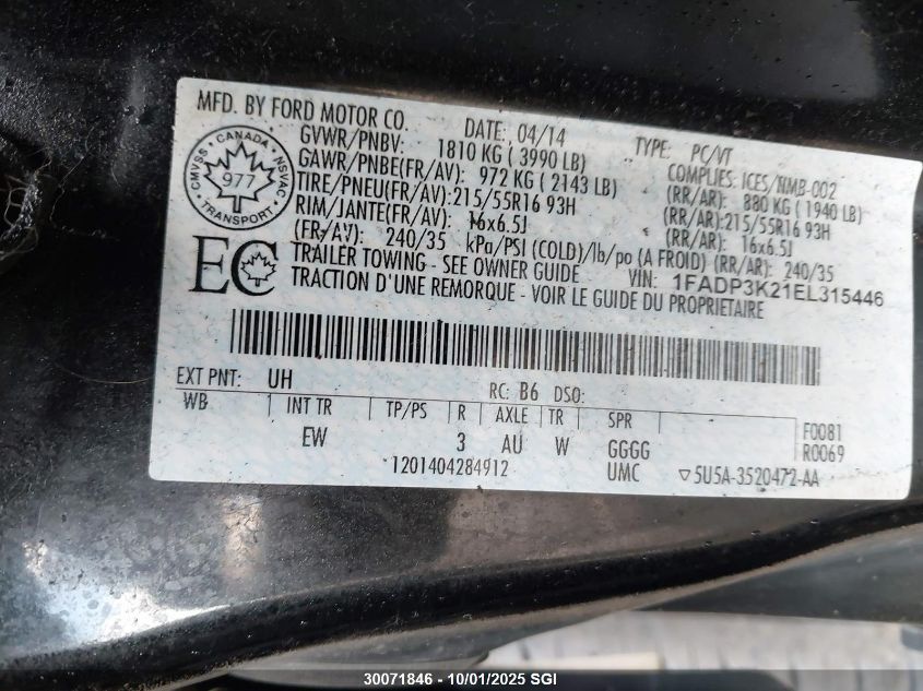 2014 Ford Focus Se VIN: 1FADP3K21EL315446 Lot: 30071846