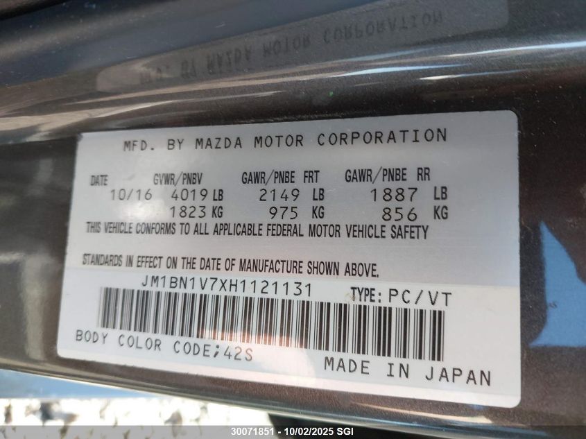 2017 Mazda 3 Touring VIN: JM1BN1V7XH1121131 Lot: 30071851