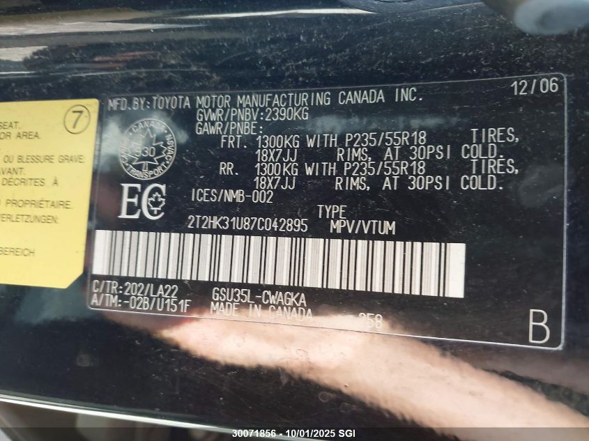 2007 Lexus Rx 350 VIN: 2T2HK31U87C042895 Lot: 30071856