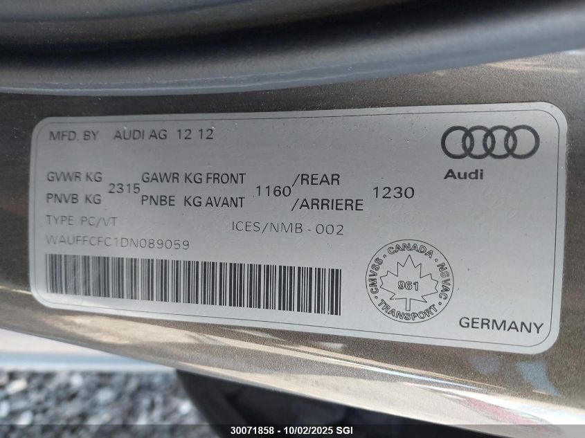 2013 Audi A6 Premium VIN: WAUFFCFC1DN089059 Lot: 30071858