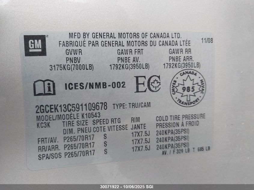2009 Chevrolet Silverado K1500/K1500 Ls VIN: 2GCEK13C591109678 Lot: 30071922