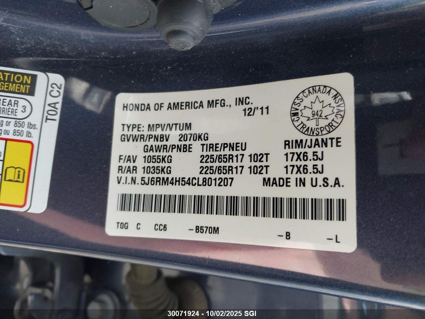 2012 Honda Cr-V Ex VIN: 5J6RM4H54CL801207 Lot: 30071924