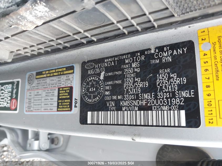 2013 Hyundai Santa Fe Gls VIN: KM8SNDHF2DU031982 Lot: 30071926