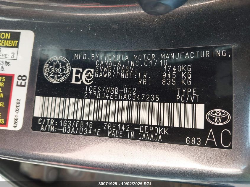 2010 Toyota Corolla S/Le/Xle VIN: 2T1BU4EE6AC347235 Lot: 30071929