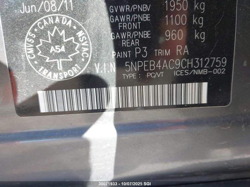 2012 Hyundai Sonata Gls VIN: 5NPEB4AC9CH312759 Lot: 30071933