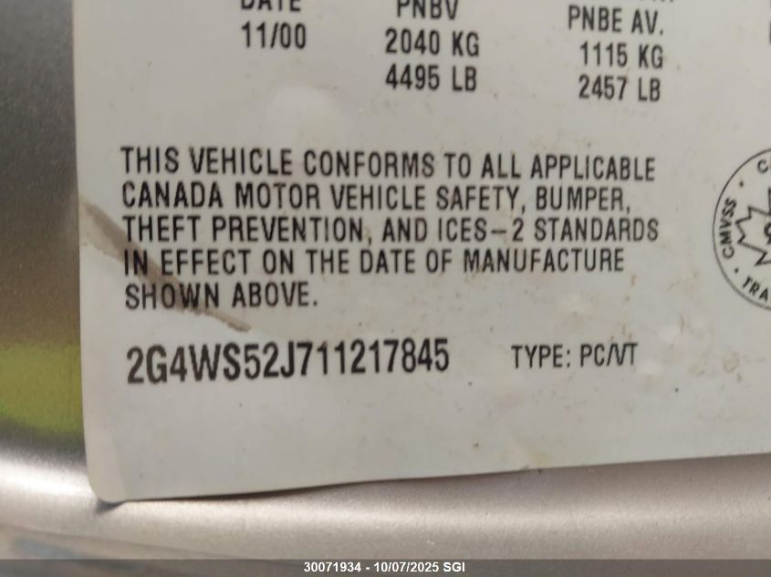 2001 Buick Century Custom VIN: 2G4WS52J711217845 Lot: 30071934