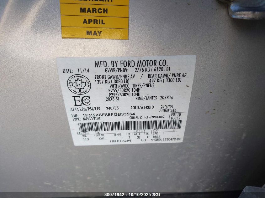 2015 Ford Explorer Limited VIN: 1FM5K8F88FGB33564 Lot: 30071942