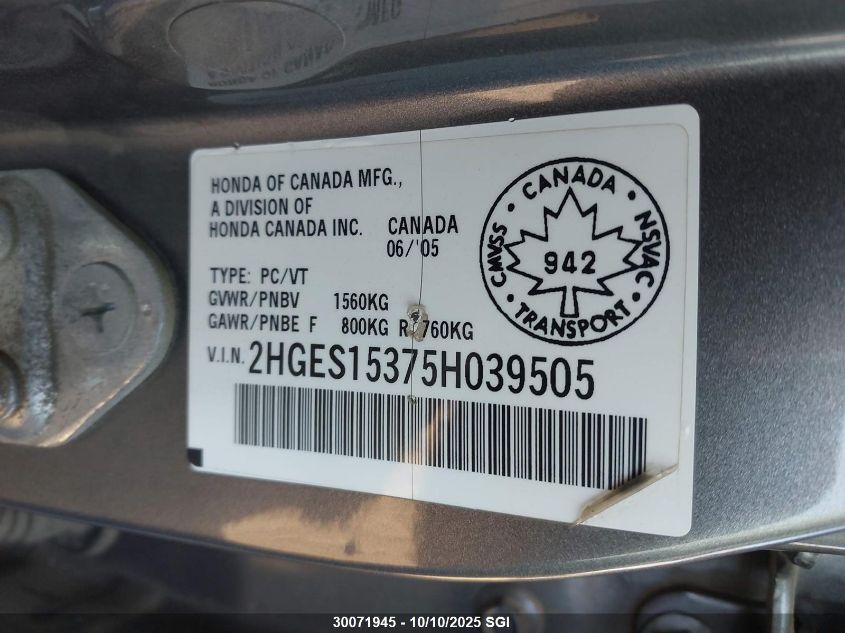 2005 Honda Civic Dx Vp VIN: 2HGES15375H039505 Lot: 30071945