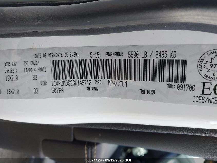 2016 Jeep Cherokee Limited VIN: 1C4PJMDS2GW149712 Lot: 30071129