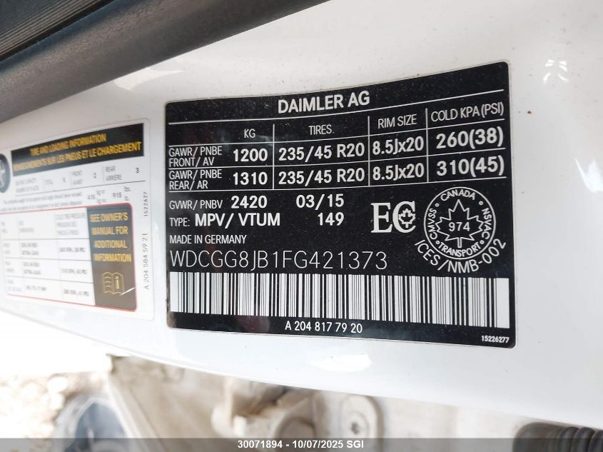 2015 Mercedes-Benz Glk 350 4Matic VIN: WDCGG8JB1FG421373 Lot: 30071894