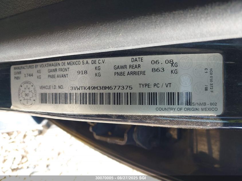 2008 Volkswagen City Jetta VIN: 3VWTK49M38M677375 Lot: 30070005