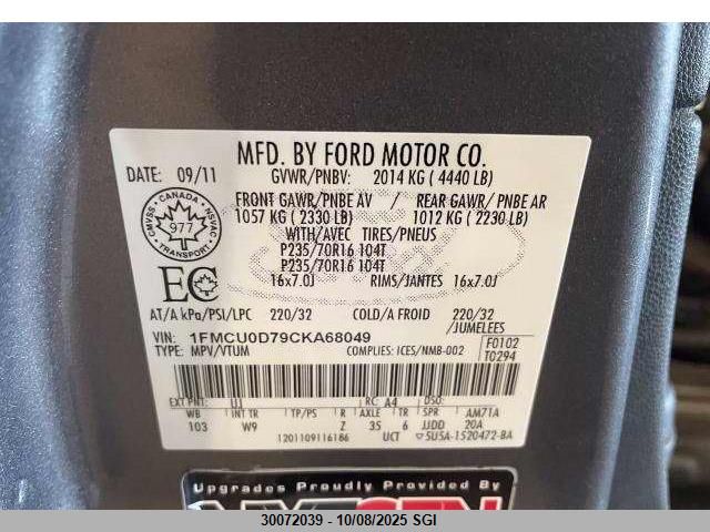 2012 Ford Escape Xlt VIN: 1FMCU0D79CKA68049 Lot: 30072039