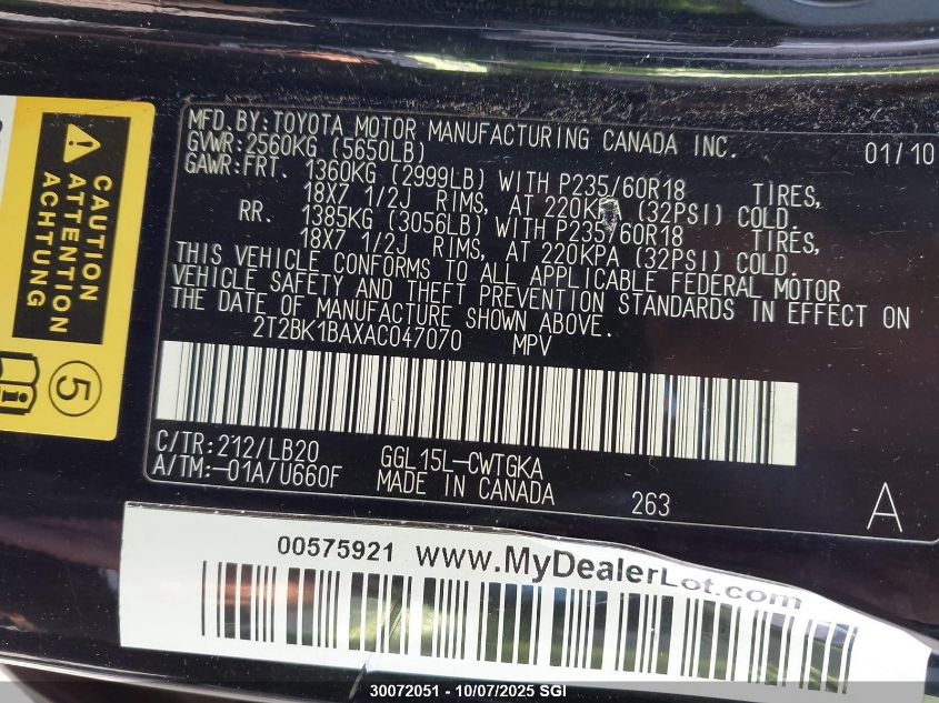 2010 Lexus Rx 350 VIN: 2T2BK1BAXAC047070 Lot: 30072051