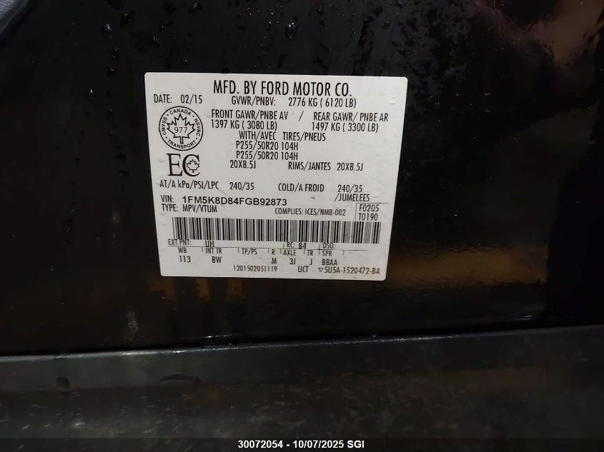 2015 Ford Explorer Xlt VIN: 1FM5K8D84FGB92873 Lot: 30072054