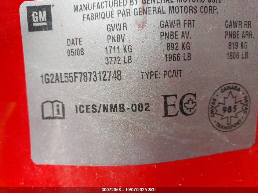 2008 Pontiac G5 Se VIN: 1G2AL55F787312748 Lot: 30072058