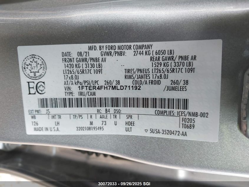 2021 Ford Ranger Xl/Xlt/Lariat VIN: 1FTER4FH7MLD71192 Lot: 30072033