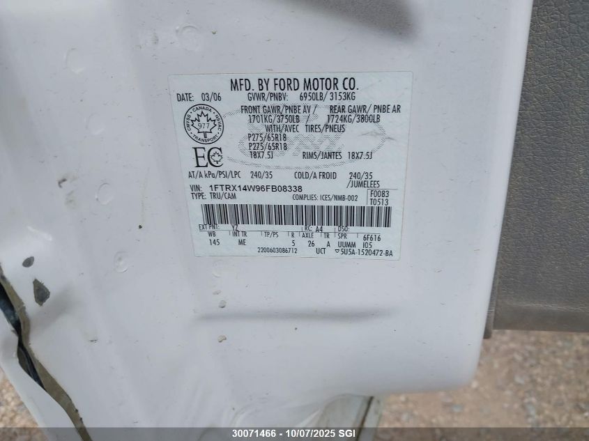 2006 Ford F150 VIN: 1FTRX14W96FB08338 Lot: 30071466