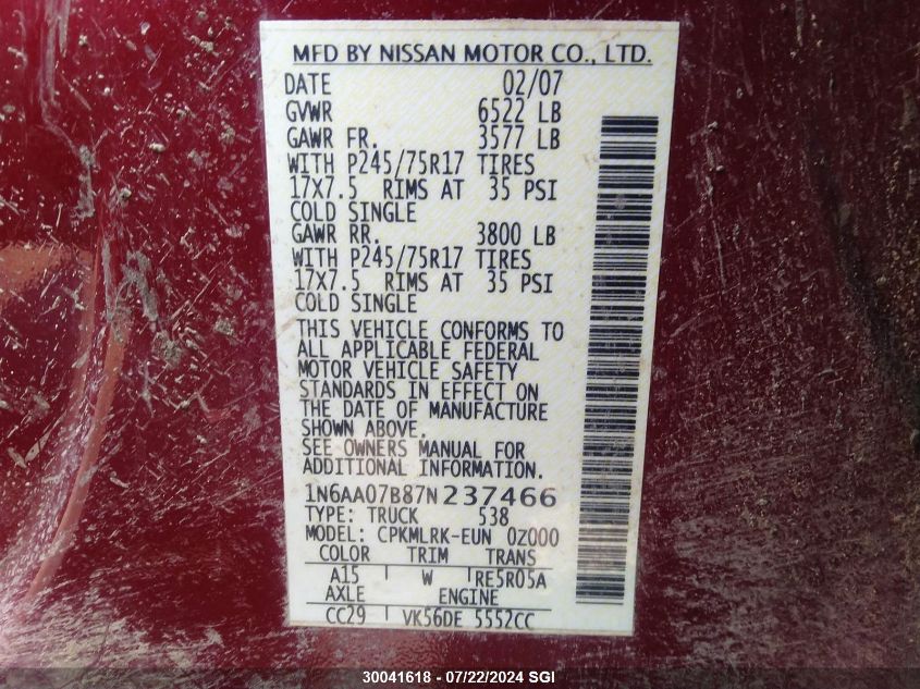 2007 Nissan Titan Xe/Se/Le VIN: 1N6AA07B87N237466 Lot: 30041618