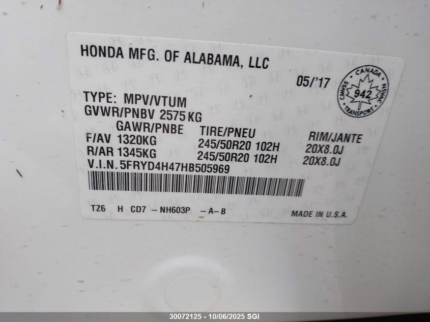 2017 Acura Mdx Navi VIN: 5FRYD4H47HB505969 Lot: 30072125