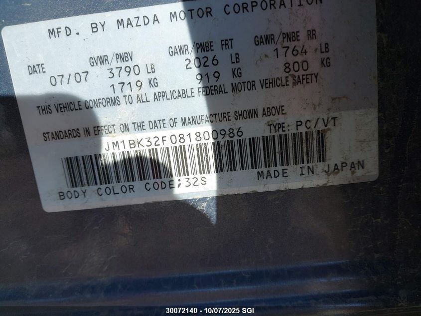 2008 Mazda 3 I VIN: JM1BK32F081800986 Lot: 30072140