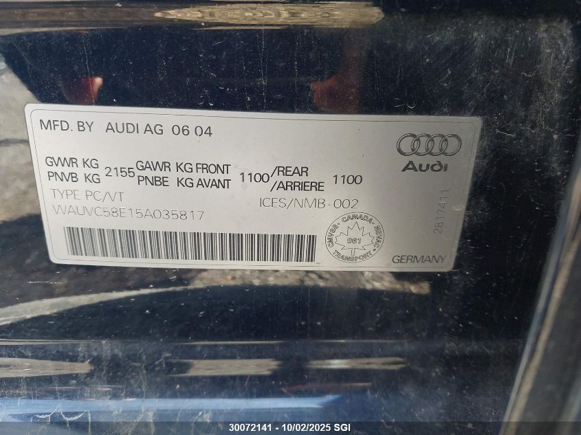 2005 Audi A4 1.8T Avant Quattro/Spcl VIN: WAUVC58E15A035817 Lot: 30072141