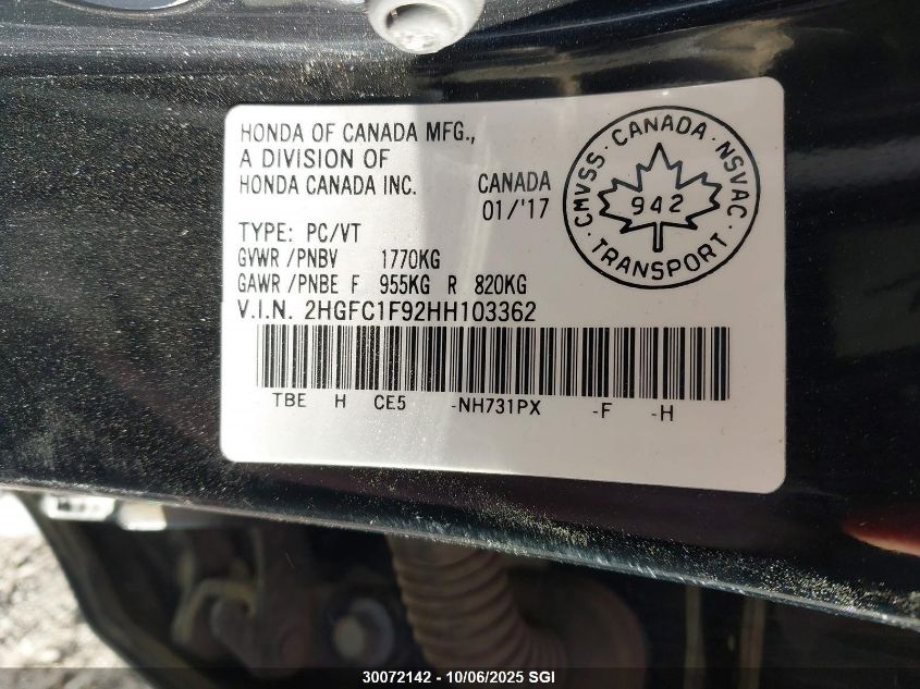 2017 Honda Civic Touring VIN: 2HGFC1F92HH103362 Lot: 30072142