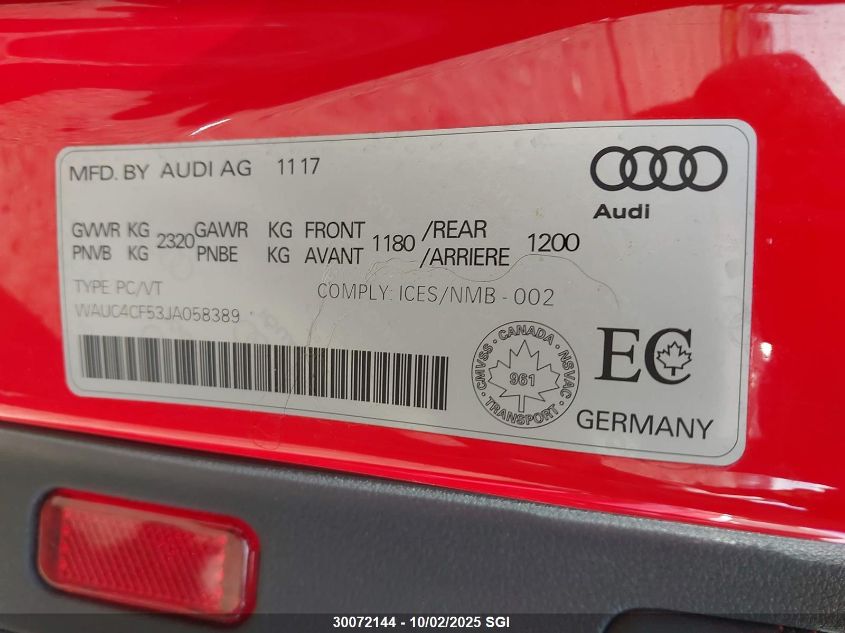 2018 Audi S5 Prestige VIN: WAUC4CF53JA058389 Lot: 30072144