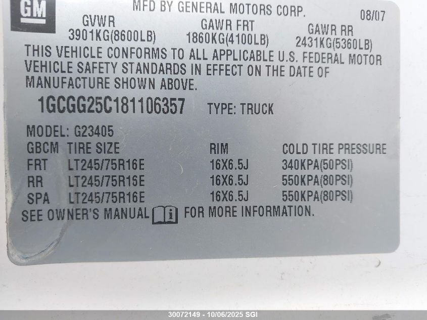 2008 Chevrolet Express G2500 VIN: 1GCGG25C181106357 Lot: 30072149