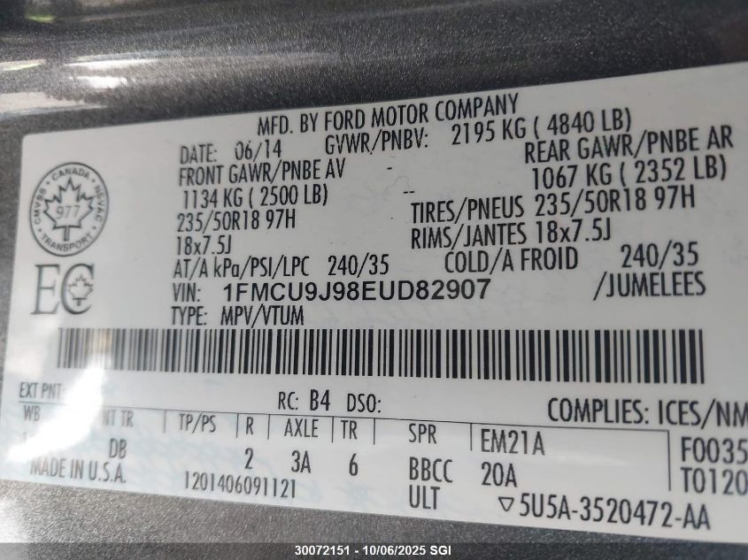 2014 Ford Escape Titanium VIN: 1FMCU9J98EUD82907 Lot: 30072151