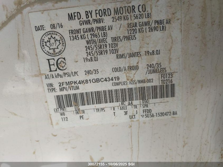 2016 Ford Edge Titanium VIN: 2FMPK4K81GBC43419 Lot: 30072155