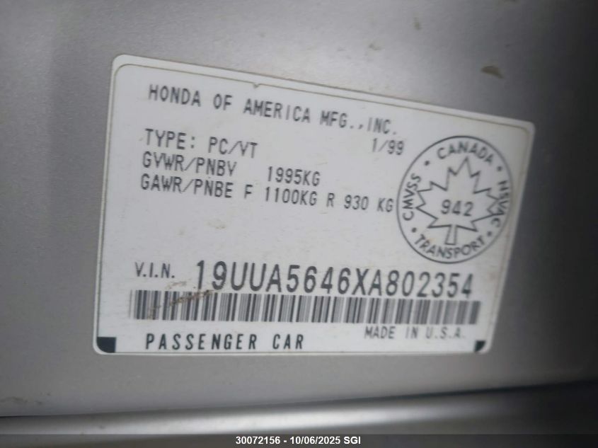 1999 Acura 3.2Tl VIN: 19UUA5646XA802354 Lot: 30072156
