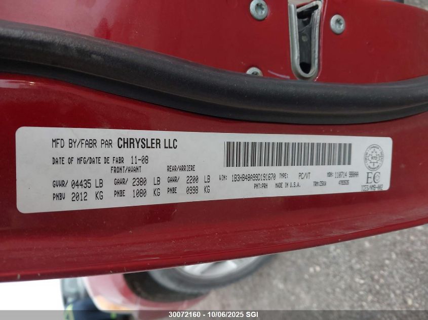 2009 Dodge Caliber Sxt VIN: 1B3HB48A99D191670 Lot: 30072160