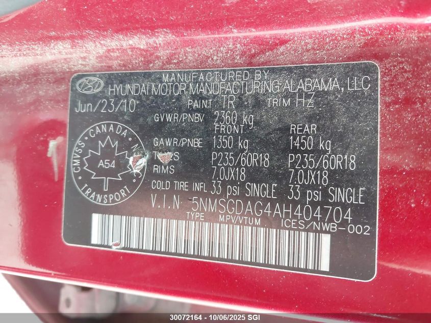 2010 Hyundai Santa Fe Gls VIN: 5NMSGDAG4AH404704 Lot: 30072164