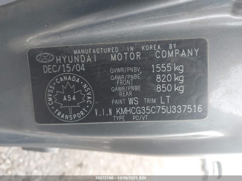2005 Hyundai Accent Gs VIN: KMHCG35C75U337516 Lot: 30072166