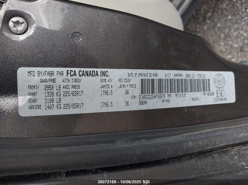 2017 Dodge Grand Caravan Crew VIN: 2C4RDGDG2HR792679 Lot: 30072169