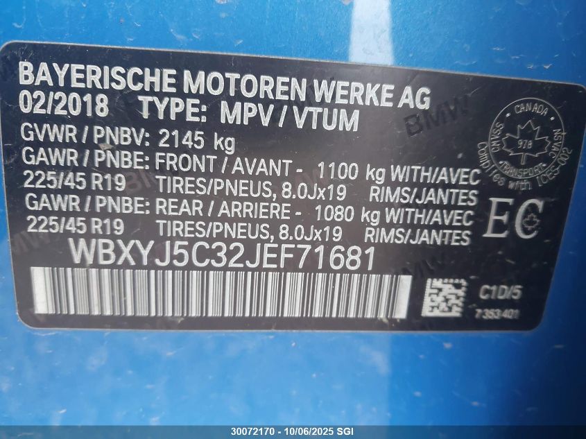 2018 BMW X2 xDrive28I VIN: WBXYJ5C32JEF71681 Lot: 30072170