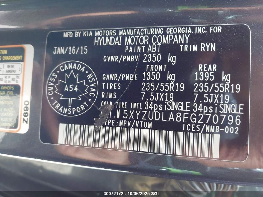 2015 Hyundai Santa Fe Sport VIN: 5XYZUDLA8FG270796 Lot: 30072172