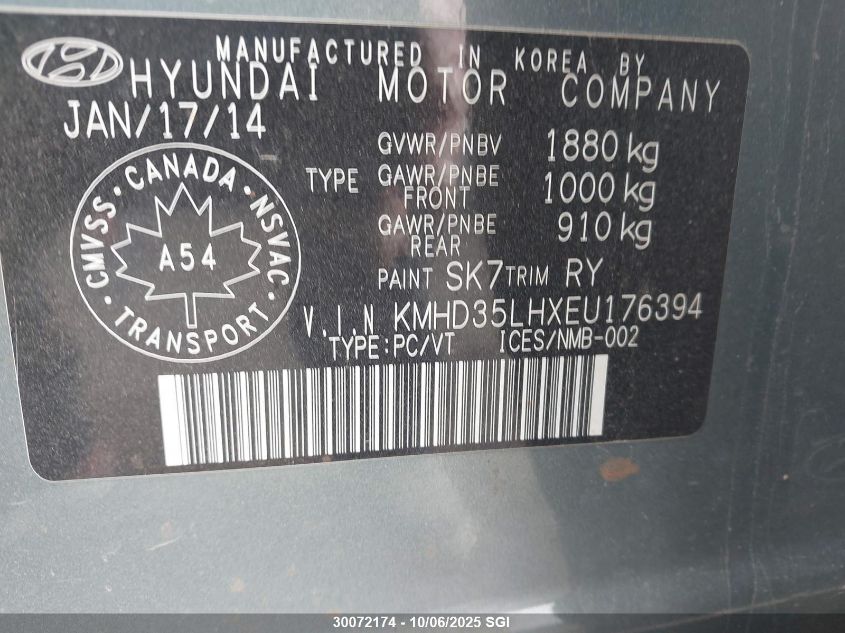 2014 Hyundai Elantra Gt VIN: KMHD35LHXEU176394 Lot: 30072174