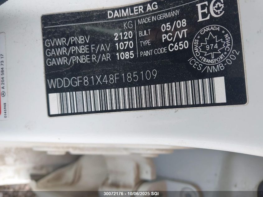 2008 Mercedes-Benz C 300 4Matic VIN: WDDGF81X48F185109 Lot: 30072176