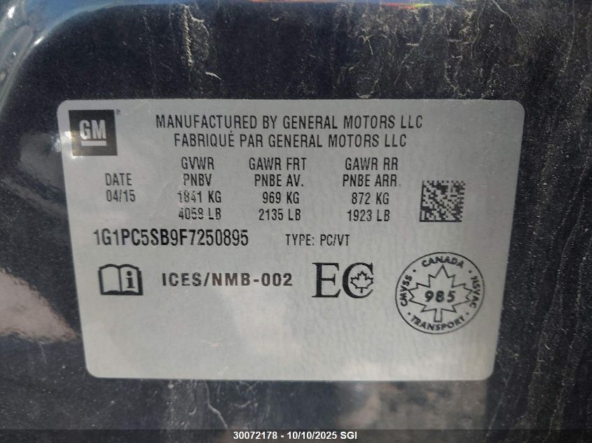 2015 Chevrolet Cruze Lt VIN: 1G1PC5SB9F7250895 Lot: 30072178