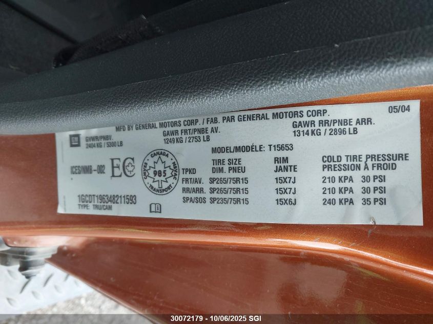 2004 Chevrolet Colorado VIN: 1GCDT196348211593 Lot: 30072179