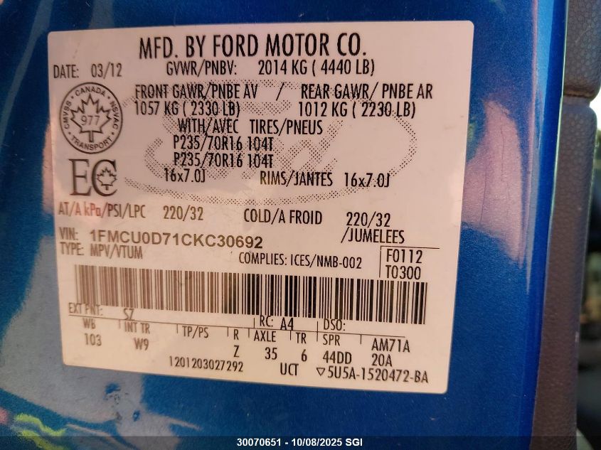 2012 Ford Escape Xlt VIN: 1FMCU0D71CKC30692 Lot: 30070651