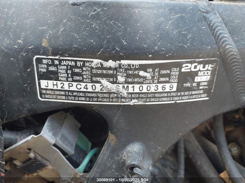 2008 Honda Cbr600 Rr VIN: JH2PC40268M100369 Lot: 30069101