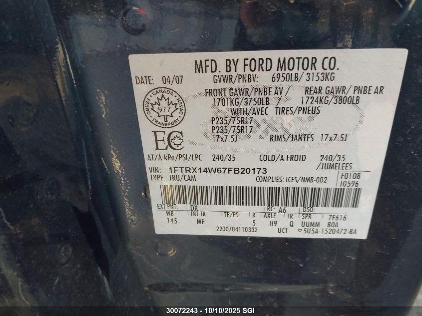 2007 Ford F150 VIN: 1FTRX14W67FB20173 Lot: 30072243