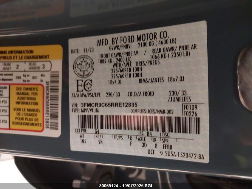 2024 Ford Bronco Sport Outer Banks VIN: 3FMCR9C65RRE12835 Lot: 30065124